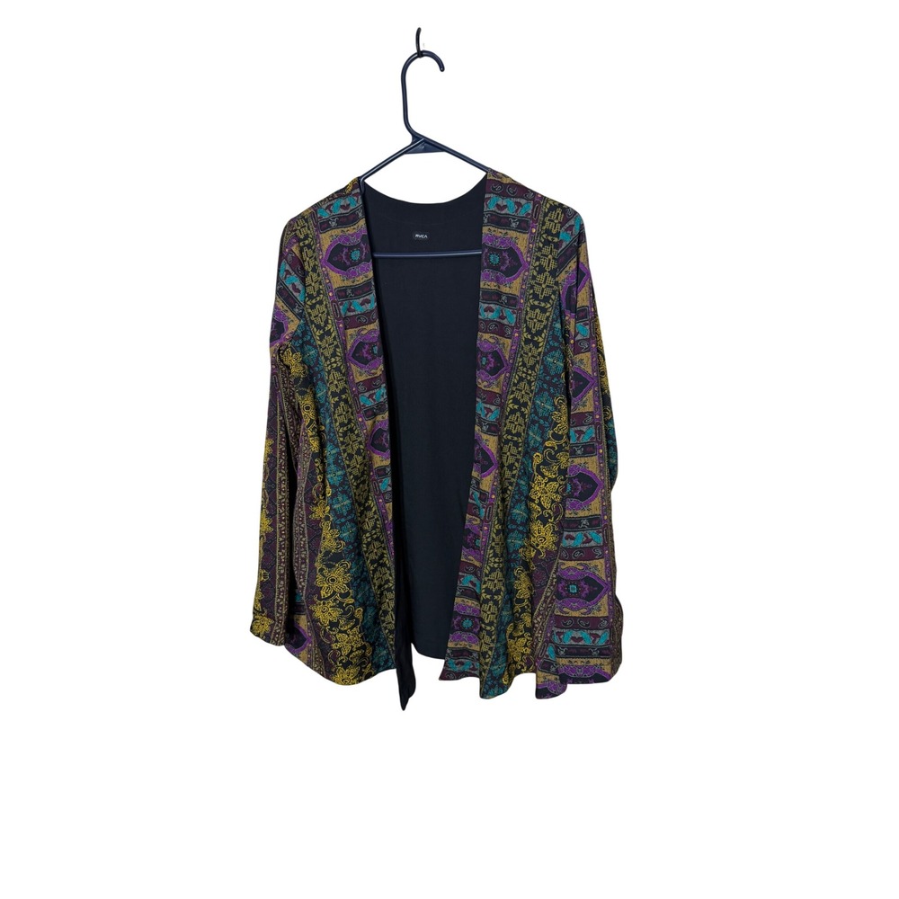 RVCA Womens Bohemian Print Open Front Reversible Cardigan Purple Teal Yellow
